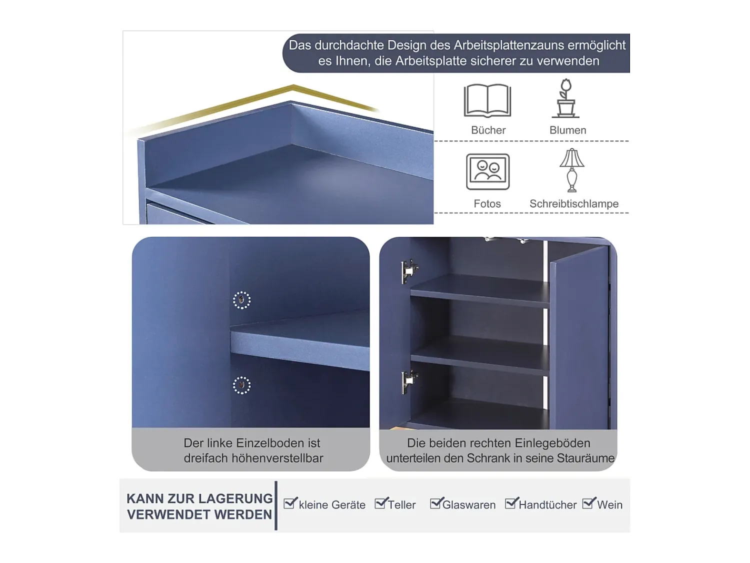 Aparador Moderno Minimalista 120cm com 4 Portas, Estrutura em Metal e Prateleiras Ajustáveis – Azul e Dourado^ Consola