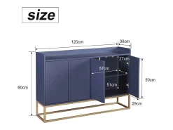 Aparador Moderno Minimalista 120cm com 4 Portas, Estrutura em Metal e Prateleiras Ajustáveis – Azul e Dourado^ Consola