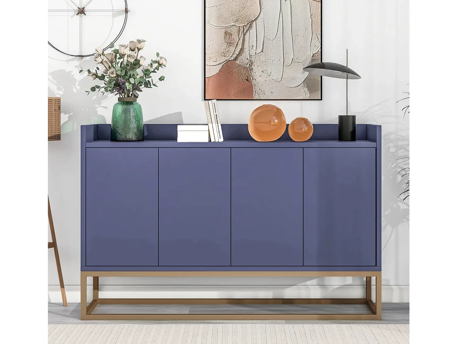 Aparador Moderno Minimalista 120cm com 4 Portas, Estrutura em Metal e Prateleiras Ajustáveis – Azul e Dourado^ Consola