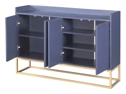 Aparador Moderno Minimalista 120cm com 4 Portas, Estrutura em Metal e Prateleiras Ajustáveis – Azul e Dourado^ Consola