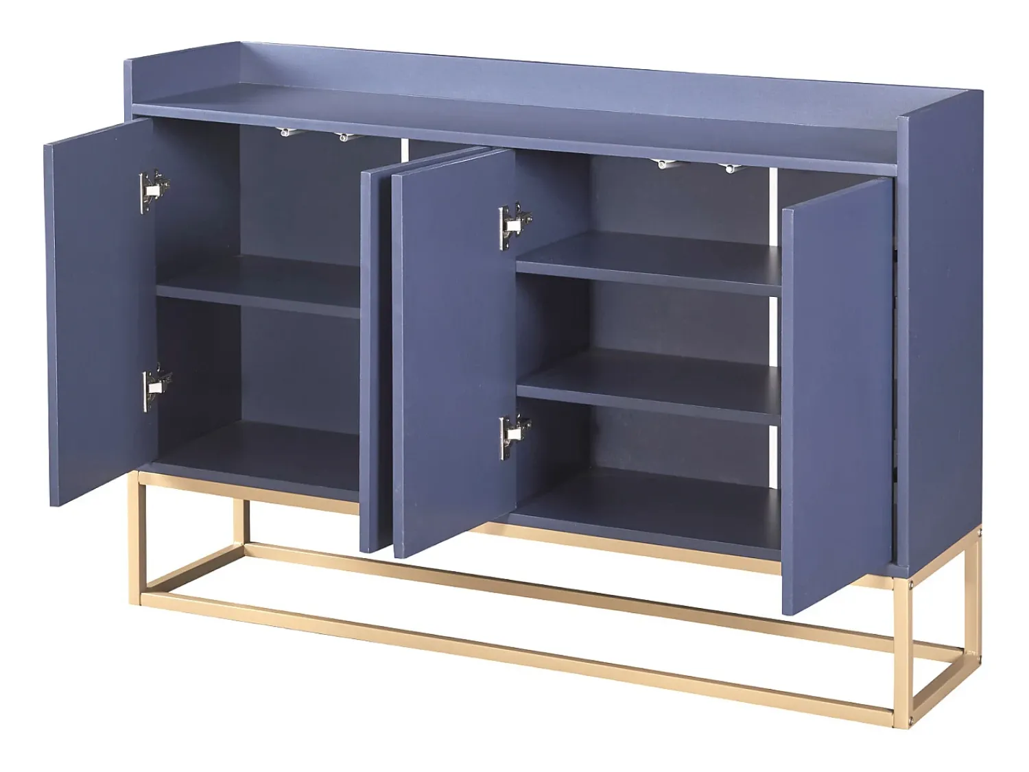 Aparador Moderno Minimalista 120cm com 4 Portas, Estrutura em Metal e Prateleiras Ajustáveis – Azul e Dourado^ Consola