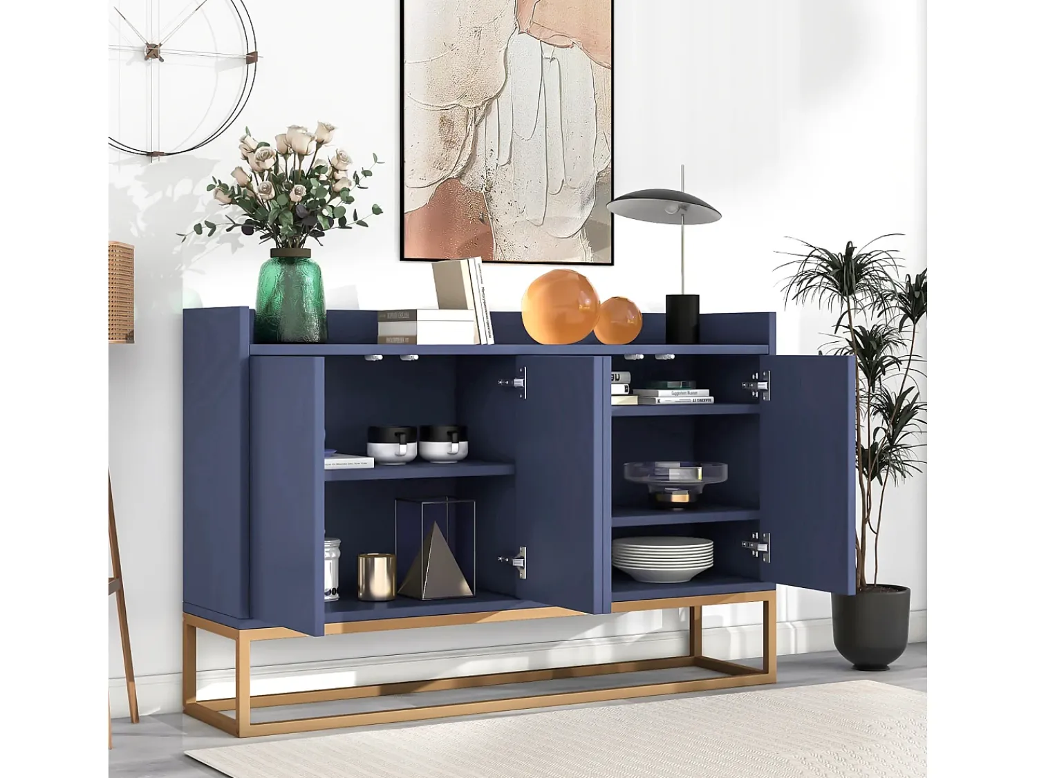 Aparador Moderno Minimalista 120cm com 4 Portas, Estrutura em Metal e Prateleiras Ajustáveis – Azul e Dourado^ Consola