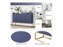 Aparador Moderno Minimalista 120cm com 4 Portas, Estrutura em Metal e Prateleiras Ajustáveis – Azul e Dourado^ Consola