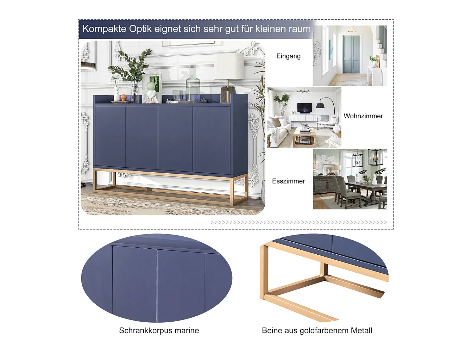 Aparador Moderno Minimalista 120cm com 4 Portas, Estrutura em Metal e Prateleiras Ajustáveis – Azul e Dourado^ Consola