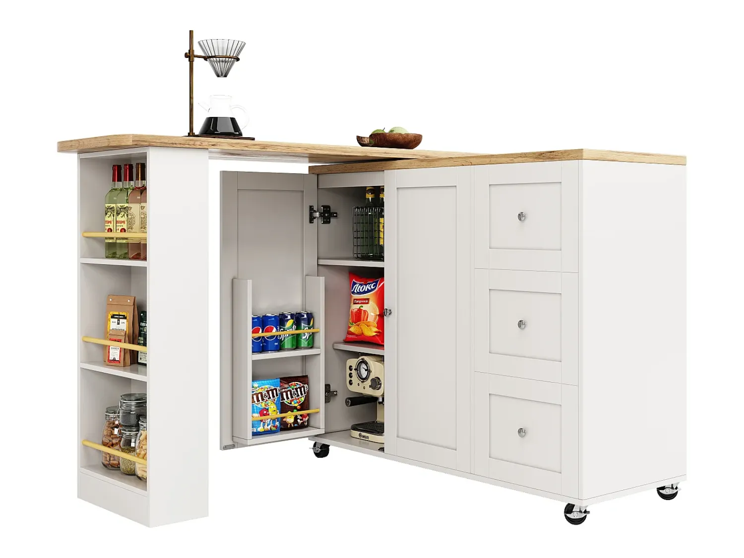 Móvel De Bar*ModernLuxe Aparador、Móvel bar giratório - MDF - 3 gavetas e 2 portas - Branco