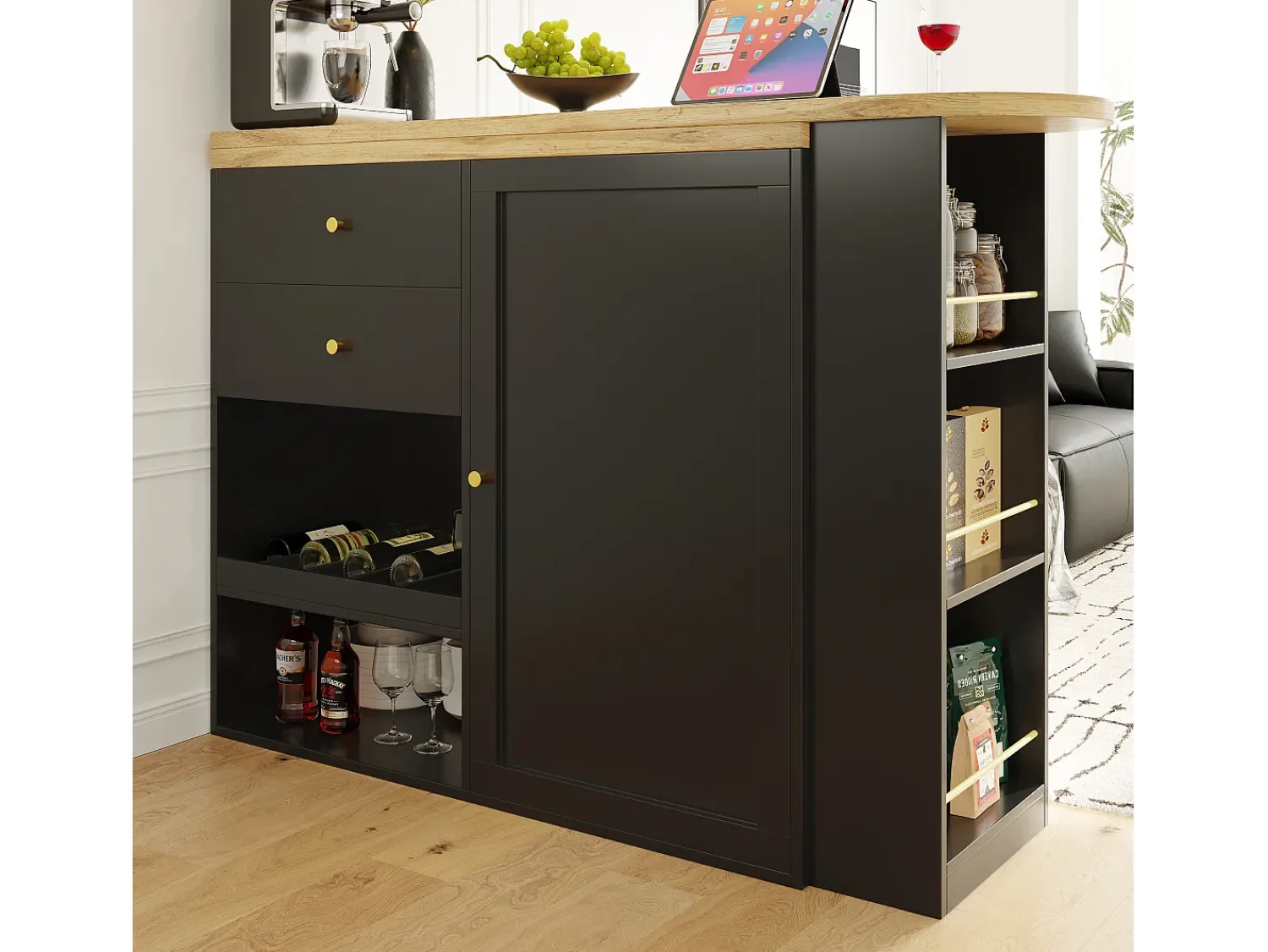 Móvel De Bar|ModernLuxe Aparador、Móvel bar giratório e retrátil - 2 gavetas e 6 compartimentos - Preto
