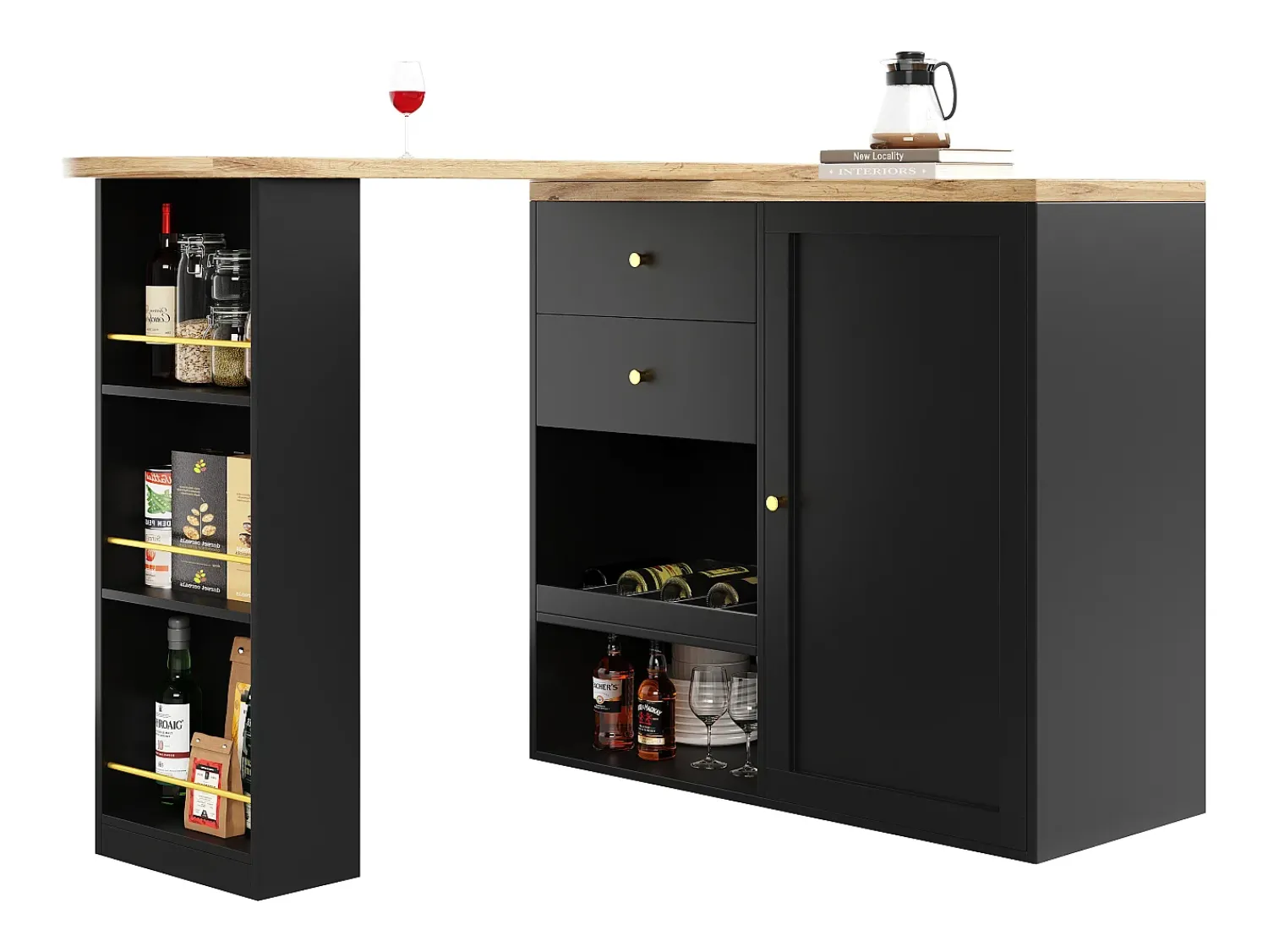 Móvel De Bar|ModernLuxe Aparador、Móvel bar giratório e retrátil - 2 gavetas e 6 compartimentos - Preto