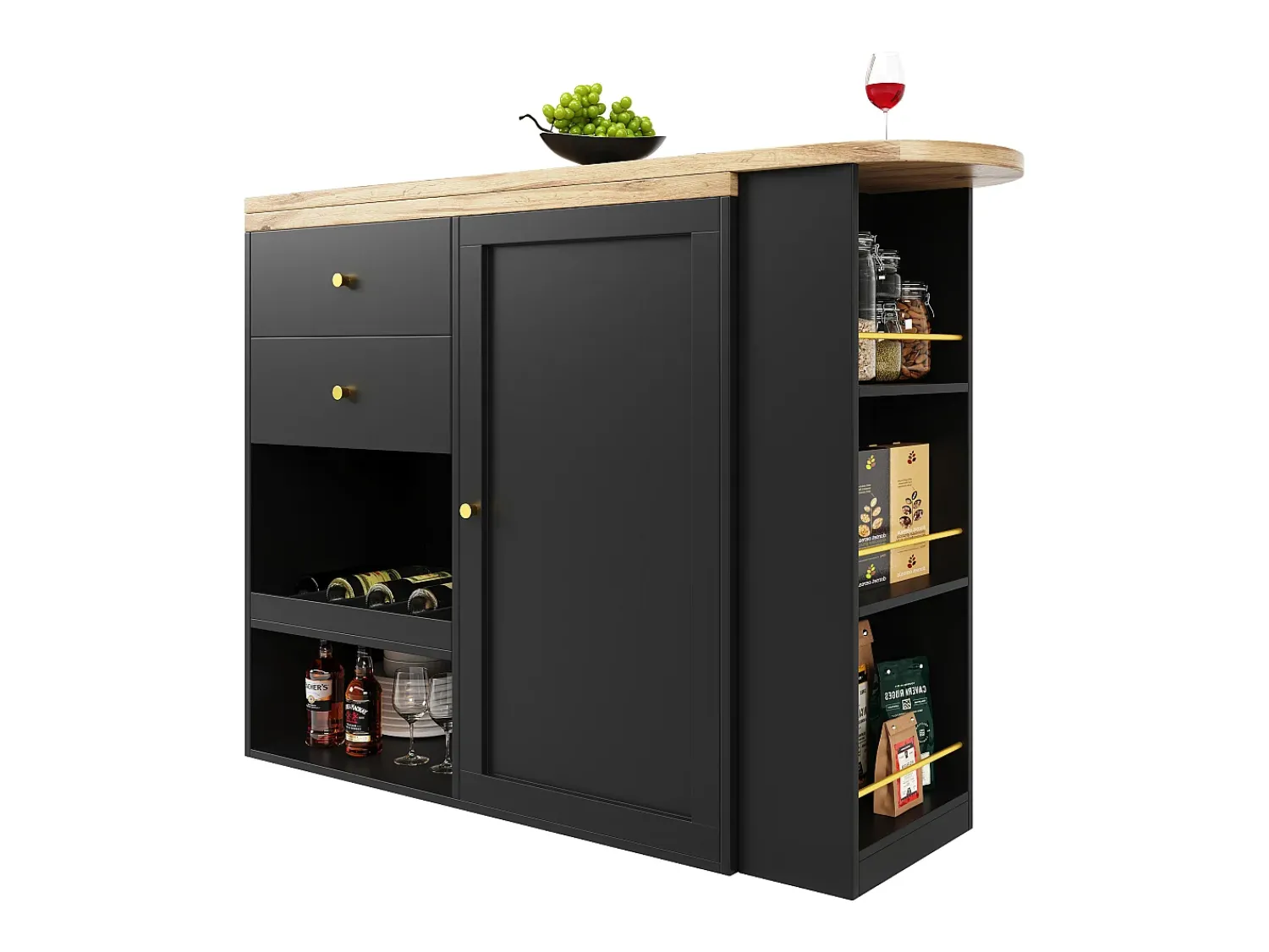 Móvel De Bar|ModernLuxe Aparador、Móvel bar giratório e retrátil - 2 gavetas e 6 compartimentos - Preto