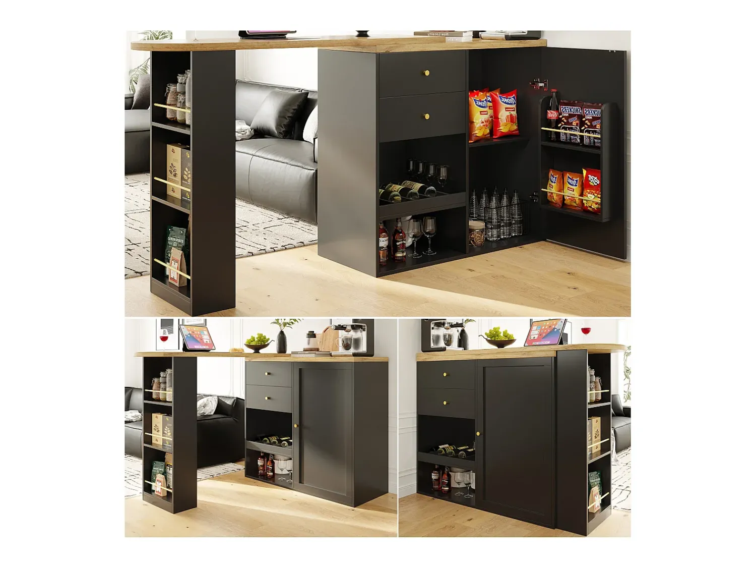 Móvel De Bar|ModernLuxe Aparador、Móvel bar giratório e retrátil - 2 gavetas e 6 compartimentos - Preto