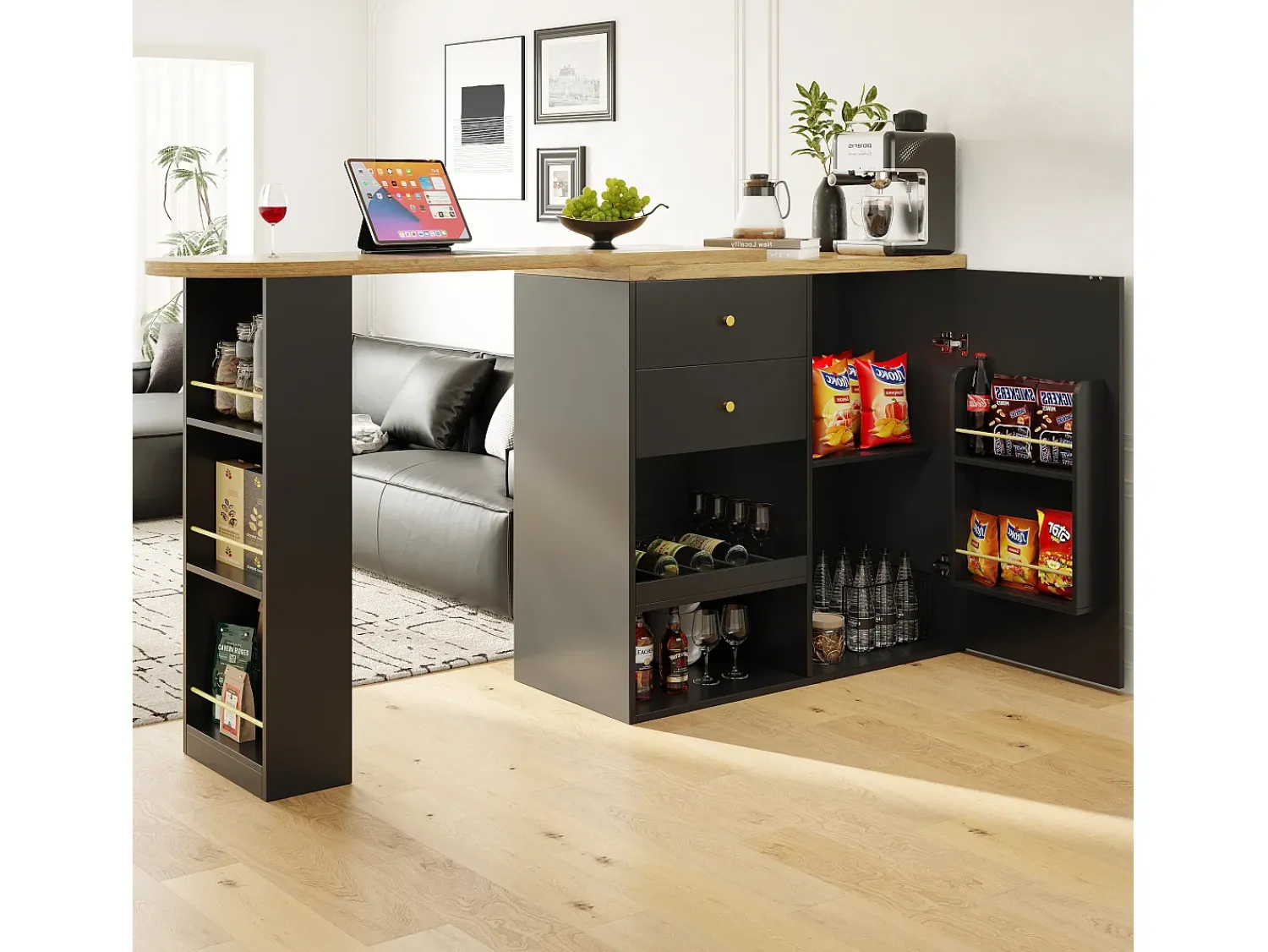 Móvel De Bar|ModernLuxe Aparador、Móvel bar giratório e retrátil - 2 gavetas e 6 compartimentos - Preto