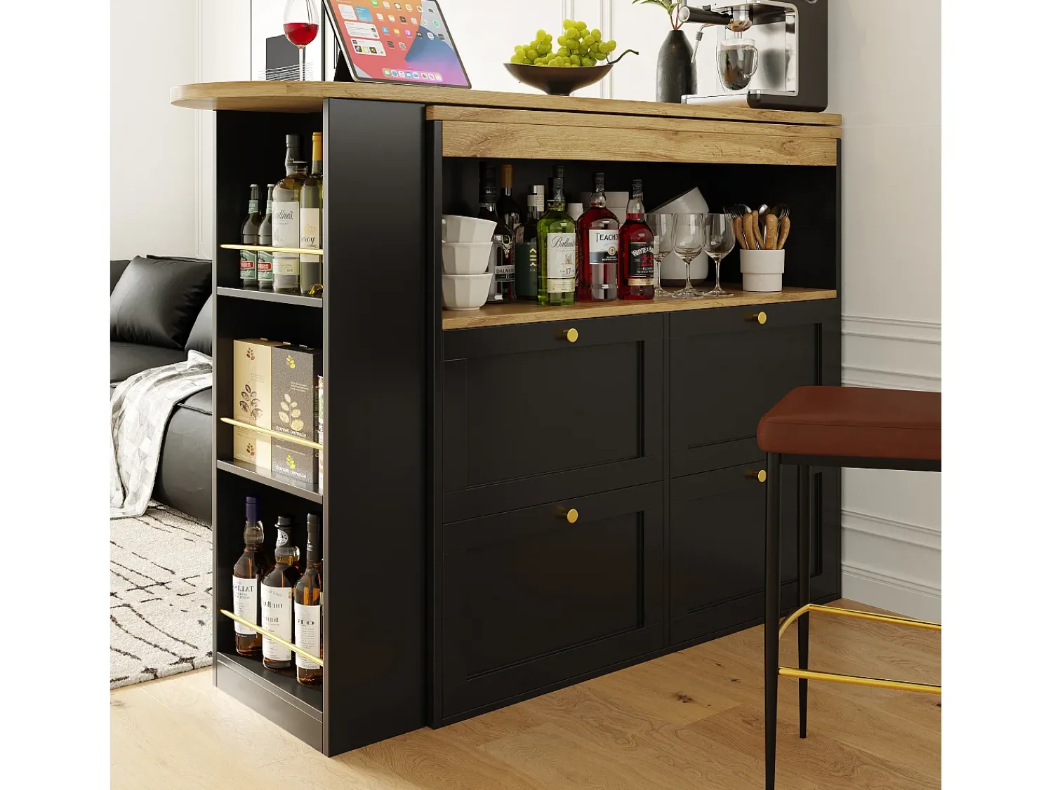 Móvel De Bar|ModernLuxe Aparador、Móvel bar giratório e retrátil - 4 gavetas e 4 compartimentos - Preto
