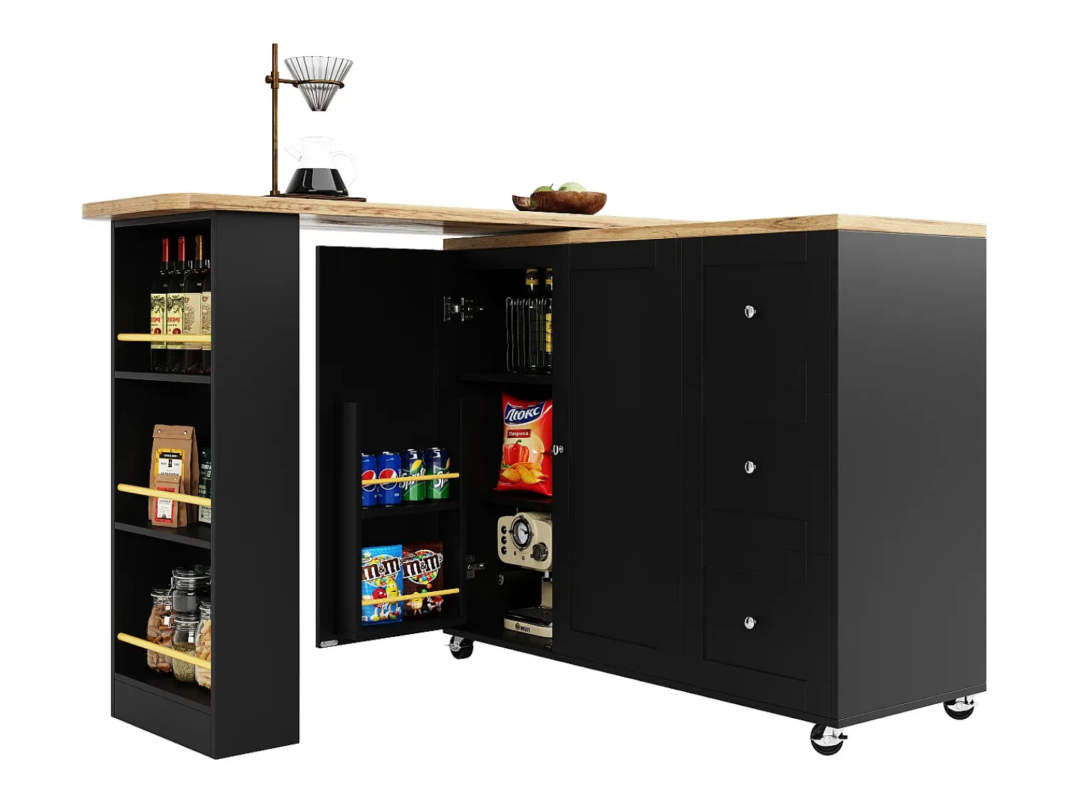 Móvel De Bar*ModernLuxe Aparador、Móvel bar giratório - MDF - 3 gavetas e 2 portas - Preto