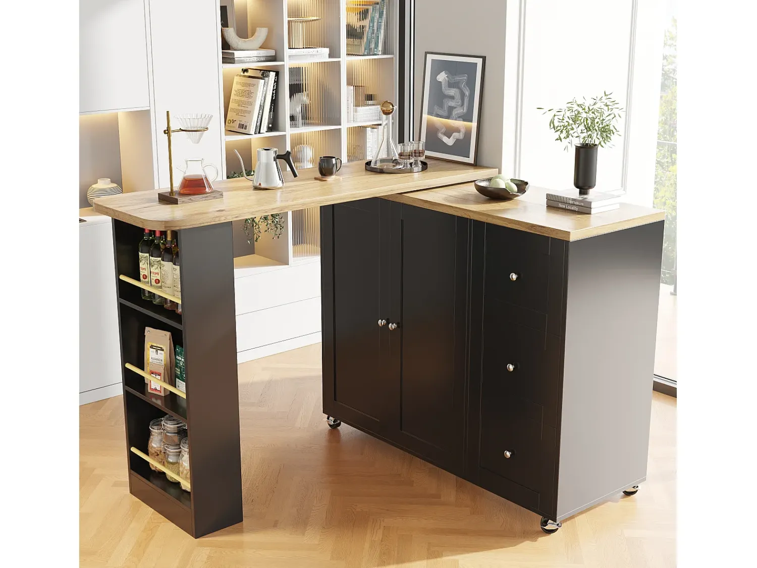 Móvel De Bar*ModernLuxe Aparador、Móvel bar giratório - MDF - 3 gavetas e 2 portas - Preto