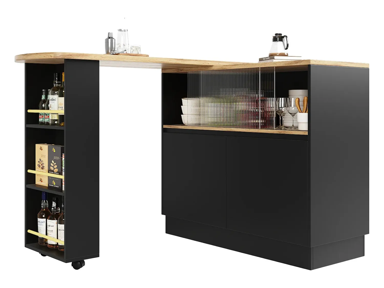 Móvel De Bar|ModernLuxe Aparador、Móvel de bar giratório e retrátil em MDF - amplo espaço de arrumação - estilo contemporâneo - Preto