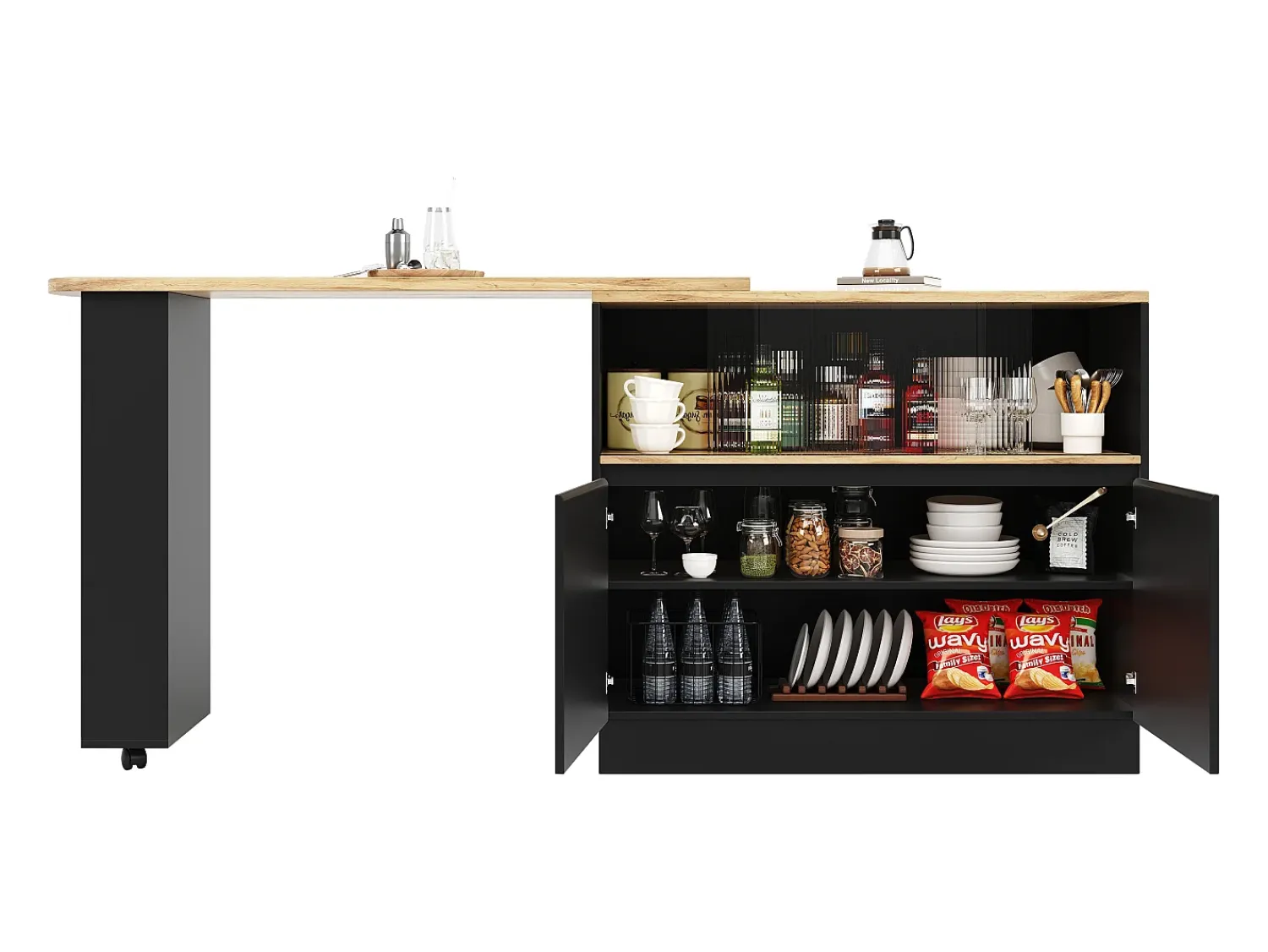 Móvel De Bar|ModernLuxe Aparador、Móvel de bar giratório e retrátil em MDF - amplo espaço de arrumação - estilo contemporâneo - Preto