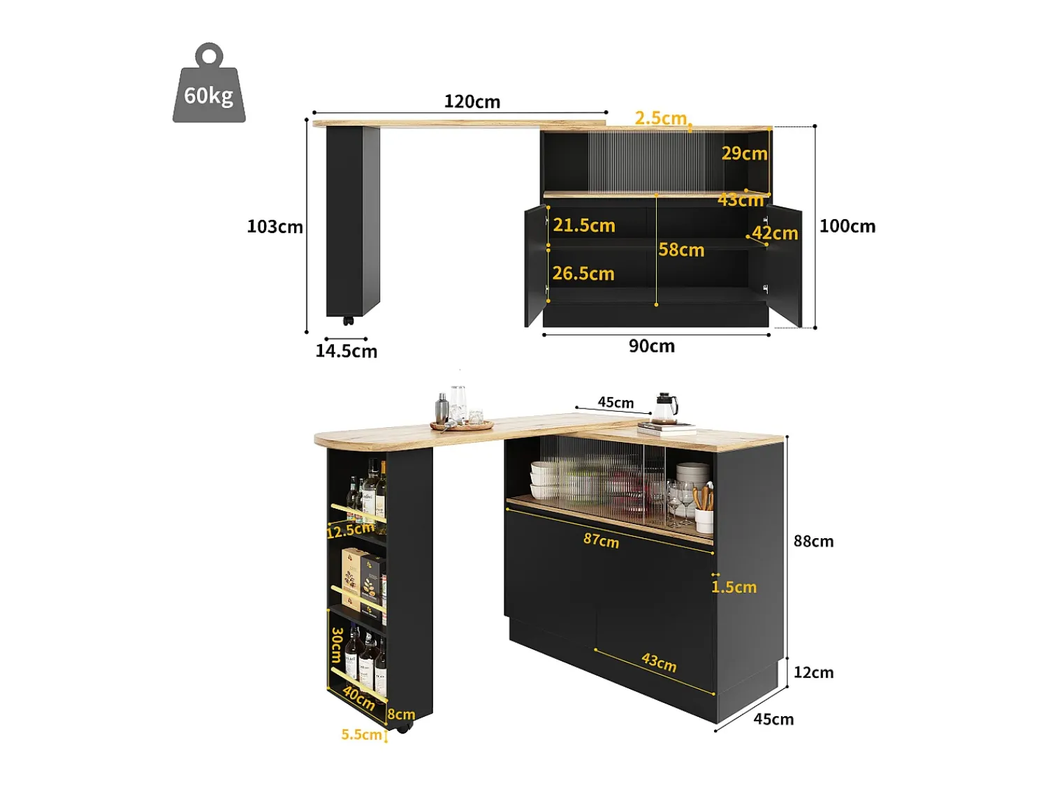Móvel De Bar|ModernLuxe Aparador、Móvel de bar giratório e retrátil em MDF - amplo espaço de arrumação - estilo contemporâneo - Preto