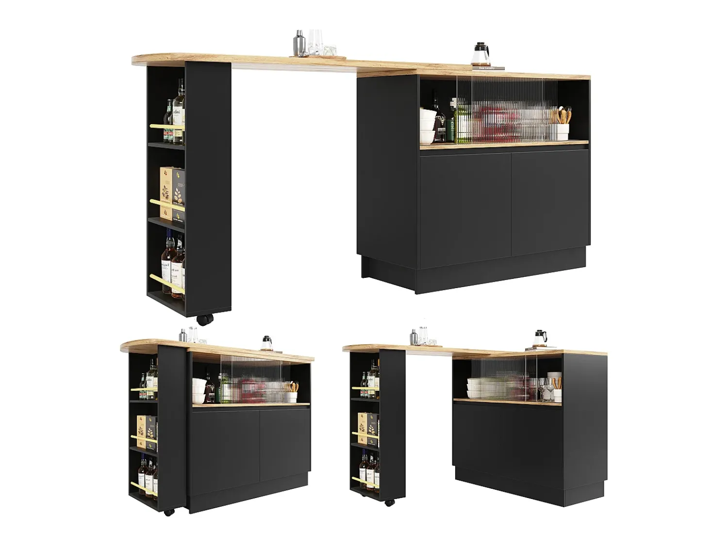 Móvel De Bar|ModernLuxe Aparador、Móvel de bar giratório e retrátil em MDF - amplo espaço de arrumação - estilo contemporâneo - Preto