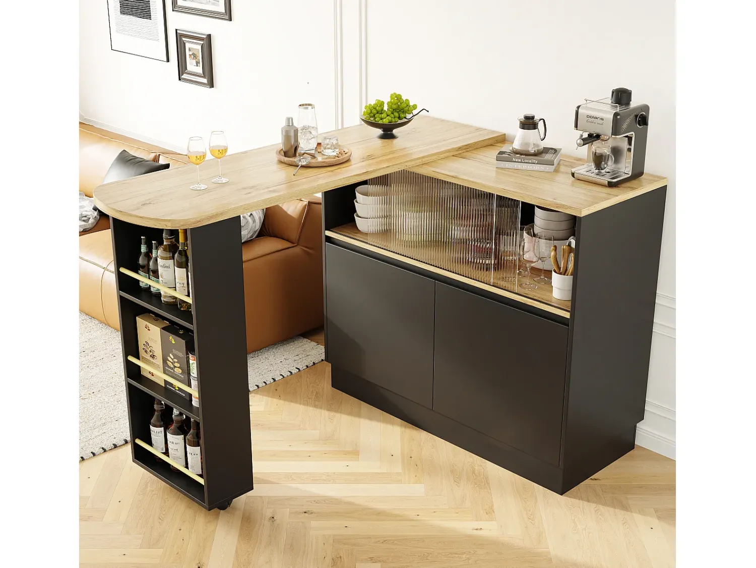 Móvel De Bar|ModernLuxe Aparador、Móvel de bar giratório e retrátil em MDF - amplo espaço de arrumação - estilo contemporâneo - Preto