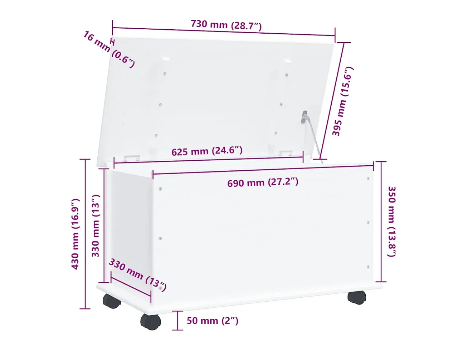 Acessórios De Arrumação*vidaxl Arca arrumação c/ rodas ALTA 73x39,5x43 cm pinho maciço Branco
