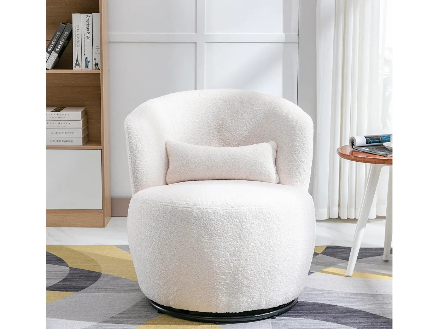 Poltrona*DripeX Armacha giradora em tecido de pelúcia branca com travesseiro lombar e pé de metal - máximo 100kg - 65x65x73cm Branco