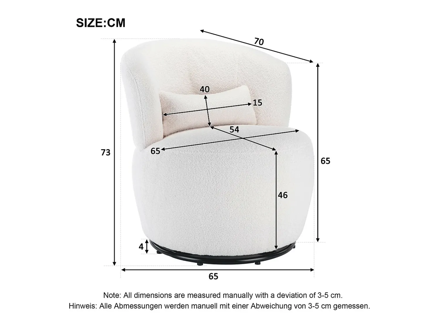 Poltrona*DripeX Armacha giradora em tecido de pelúcia branca com travesseiro lombar e pé de metal - máximo 100kg - 65x65x73cm Branco