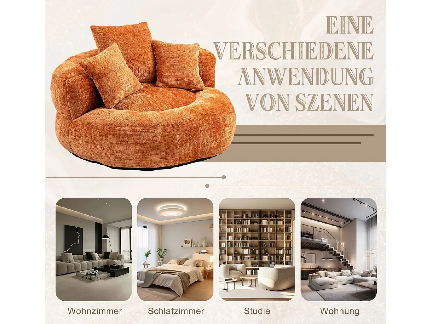 Poltrona|DripeX Armchair Pouf Pouf - tecido de lagarta laranja - com 3 travesseiros - Max 250kg Load - 108x108x52cm Cor de laranja