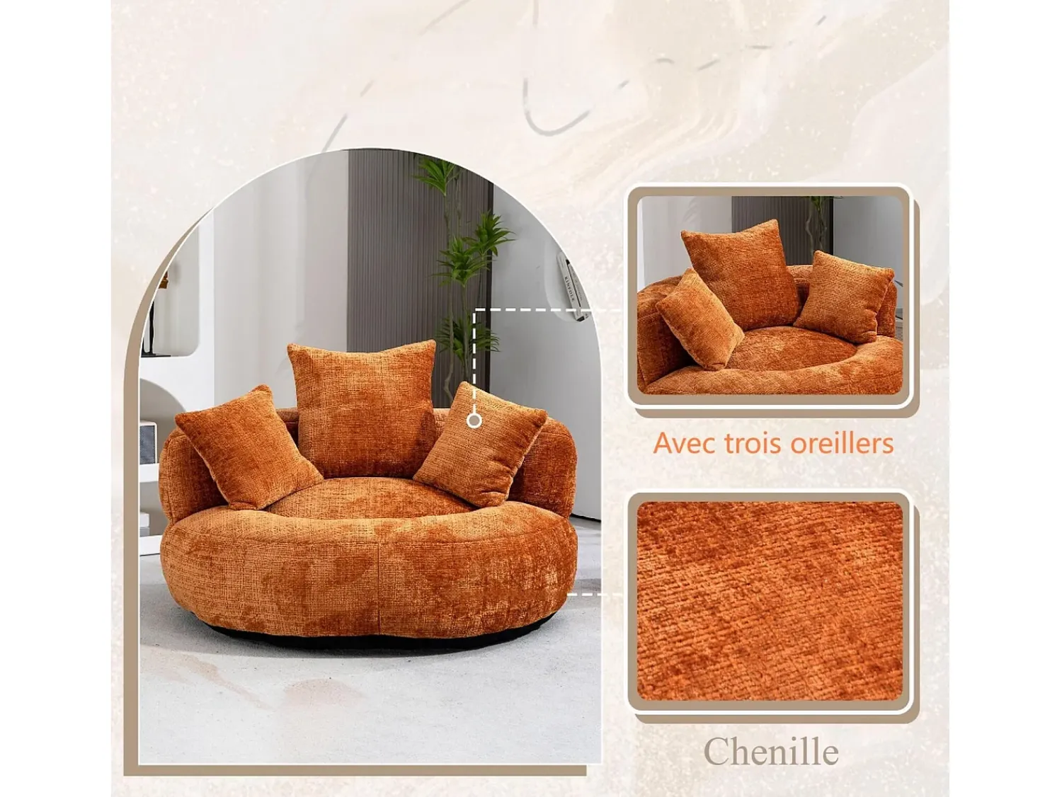 Poltrona|DripeX Armchair Pouf Pouf - tecido de lagarta laranja - com 3 travesseiros - Max 250kg Load - 108x108x52cm Cor de laranja