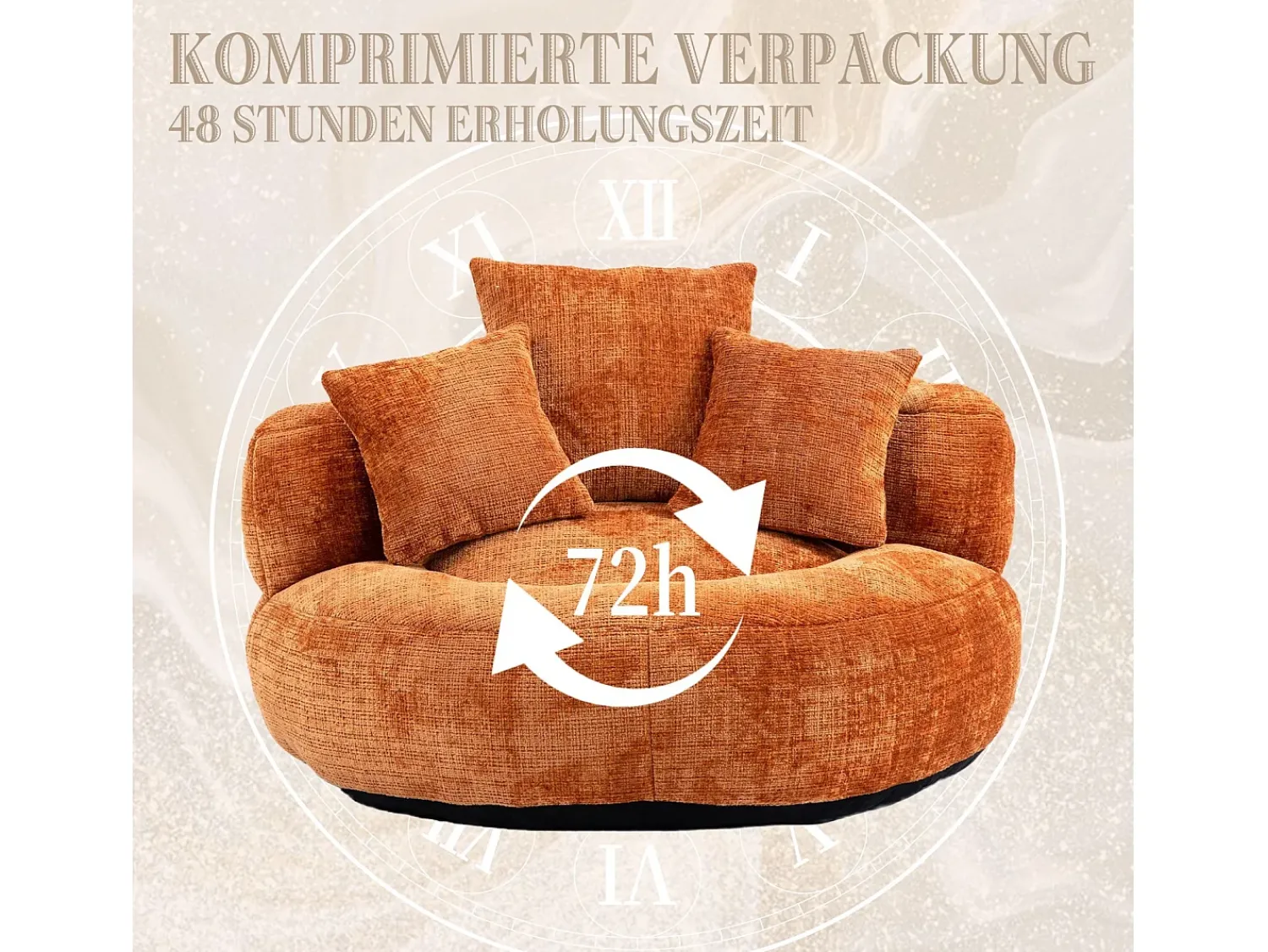 Poltrona|DripeX Armchair Pouf Pouf - tecido de lagarta laranja - com 3 travesseiros - Max 250kg Load - 108x108x52cm Cor de laranja