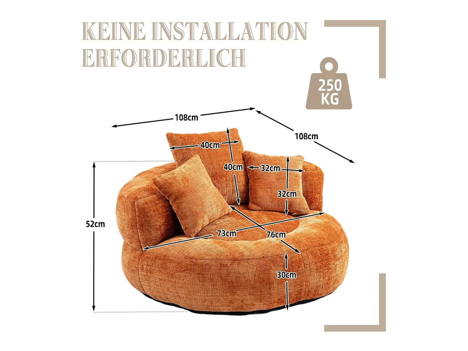 Poltrona|DripeX Armchair Pouf Pouf - tecido de lagarta laranja - com 3 travesseiros - Max 250kg Load - 108x108x52cm Cor de laranja