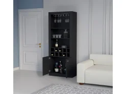 Sale TuHome Armário bar em melamina Nebo com 4 prateleiras, 2 portas, 10 suportes para garrafas e 8 suportes para copos, , 190 cm X 75 cm X 36.5 cm Preto