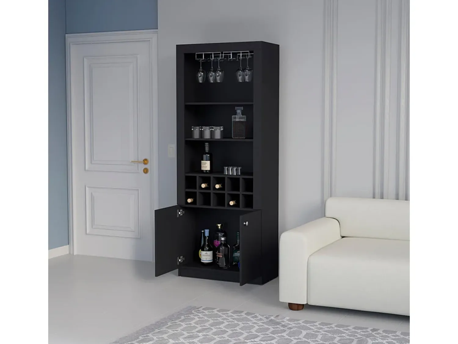 Sale TuHome Armário bar em melamina Nebo com 4 prateleiras, 2 portas, 10 suportes para garrafas e 8 suportes para copos, , 190 cm X 75 cm X 36.5 cm Preto