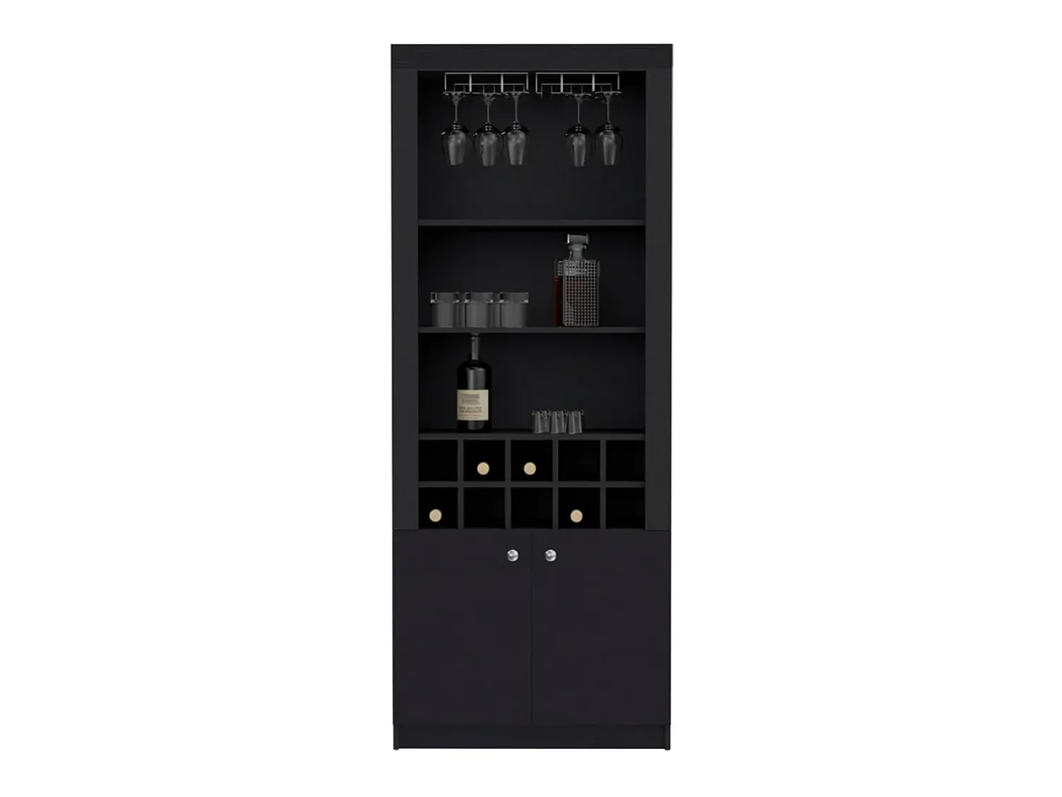 Sale TuHome Armário bar em melamina Nebo com 4 prateleiras, 2 portas, 10 suportes para garrafas e 8 suportes para copos, , 190 cm X 75 cm X 36.5 cm Preto