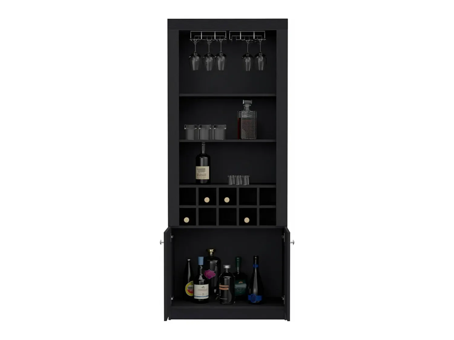 Sale TuHome Armário bar em melamina Nebo com 4 prateleiras, 2 portas, 10 suportes para garrafas e 8 suportes para copos, , 190 cm X 75 cm X 36.5 cm Preto