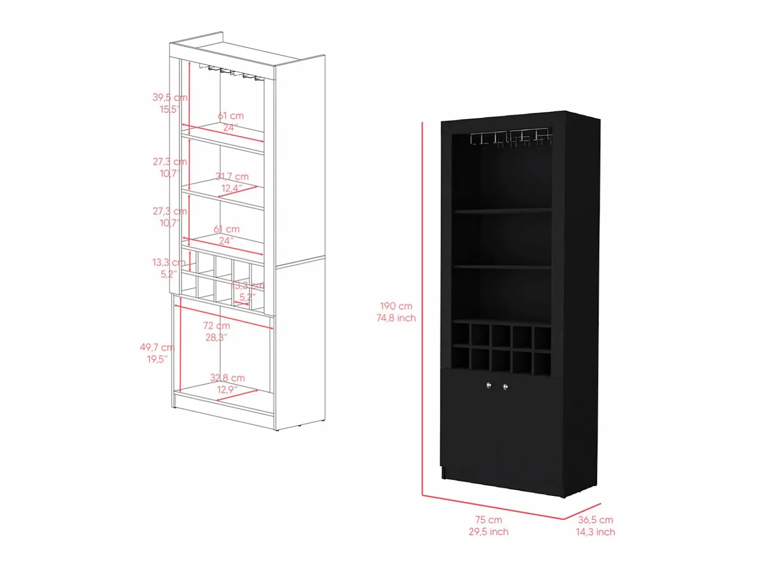 Sale TuHome Armário bar em melamina Nebo com 4 prateleiras, 2 portas, 10 suportes para garrafas e 8 suportes para copos, , 190 cm X 75 cm X 36.5 cm Preto