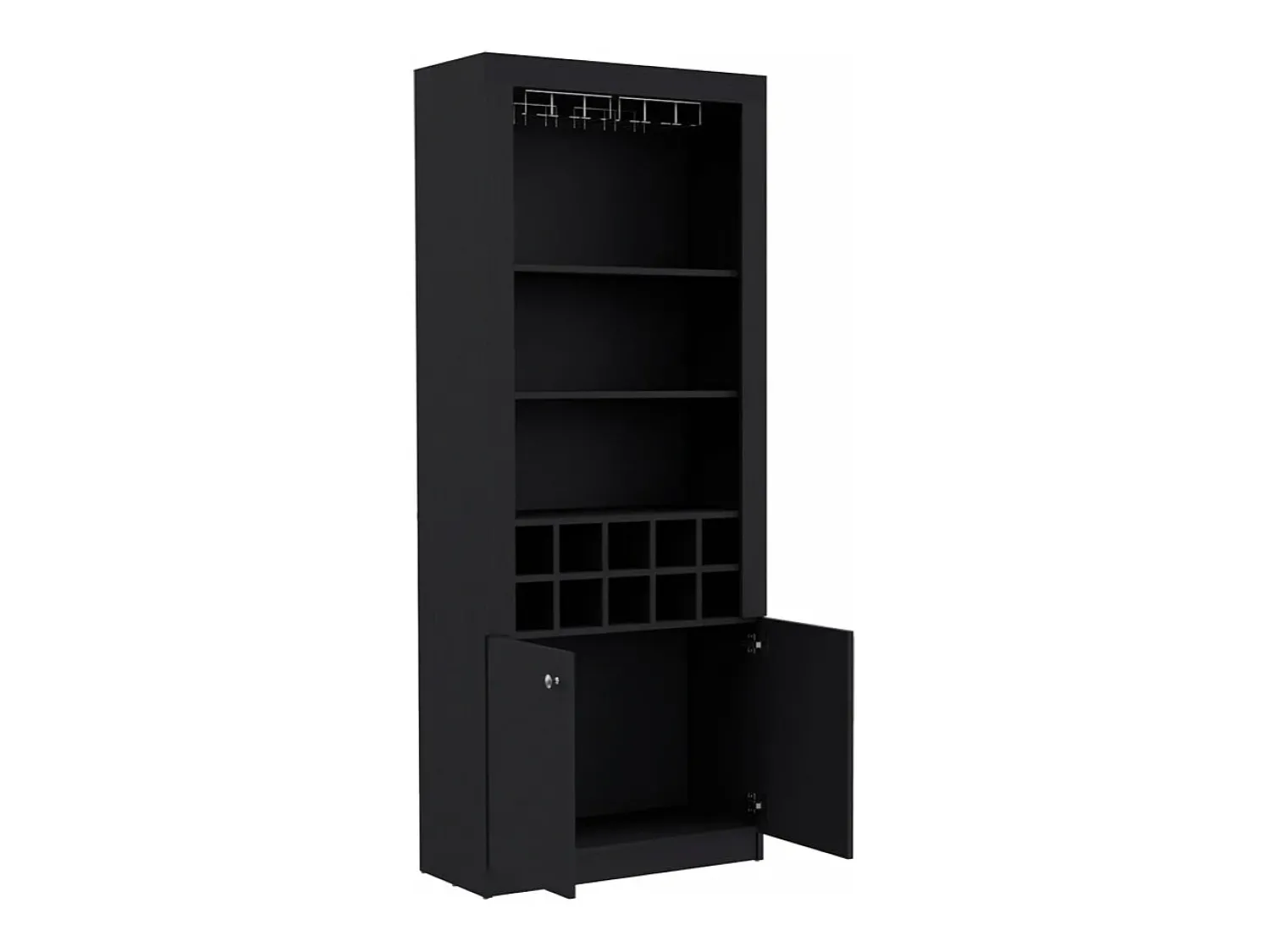Sale TuHome Armário bar em melamina Nebo com 4 prateleiras, 2 portas, 10 suportes para garrafas e 8 suportes para copos, , 190 cm X 75 cm X 36.5 cm Preto