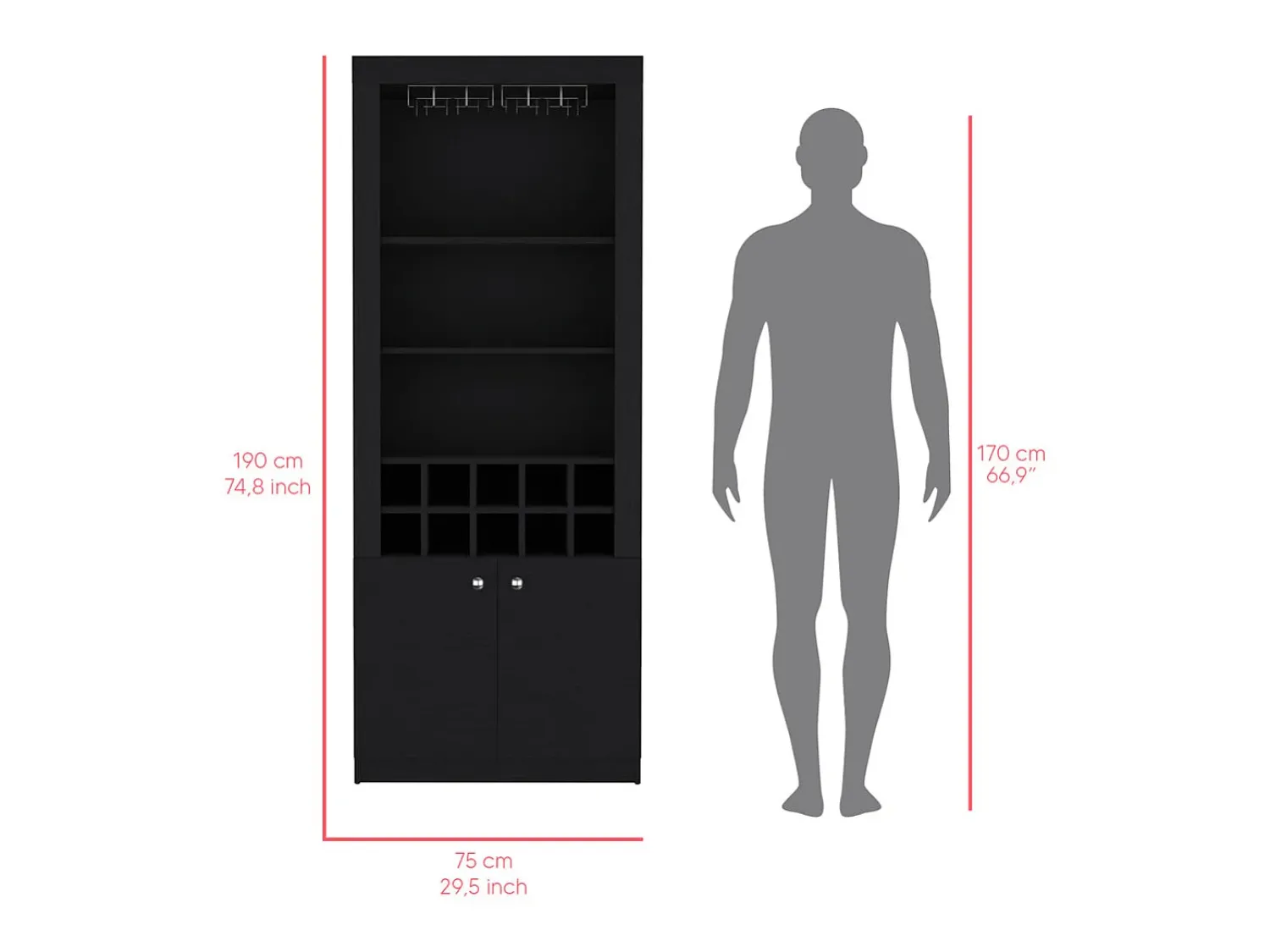 Sale TuHome Armário bar em melamina Nebo com 4 prateleiras, 2 portas, 10 suportes para garrafas e 8 suportes para copos, , 190 cm X 75 cm X 36.5 cm Preto