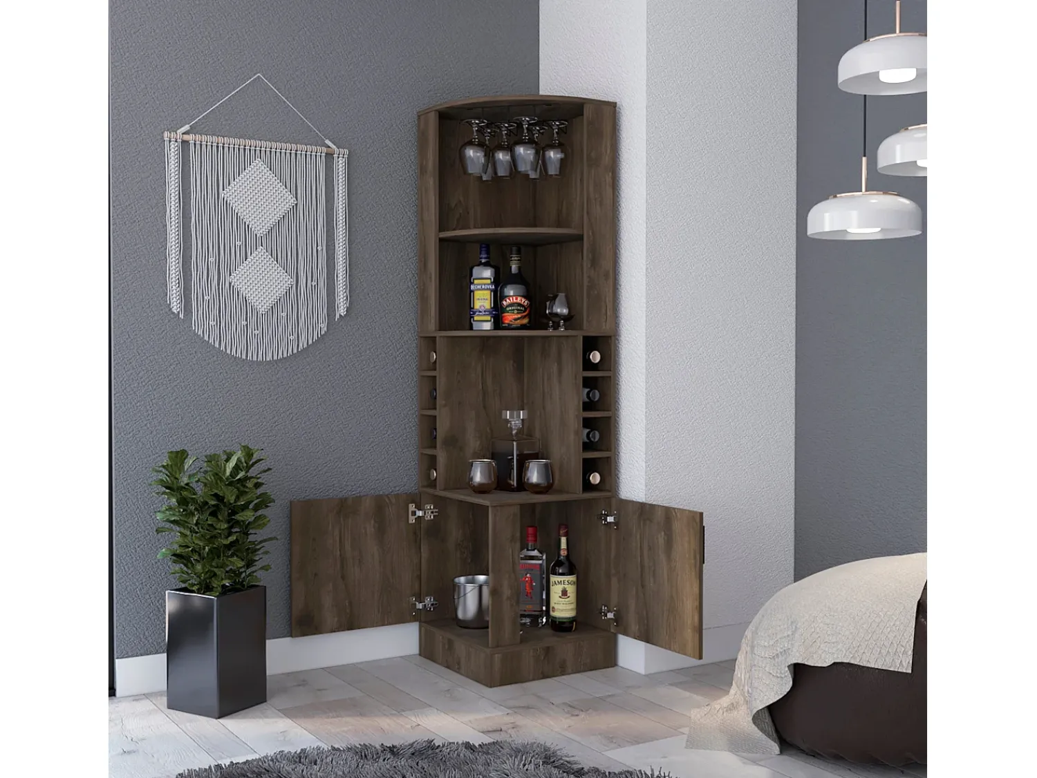 Vitrina|TuHome Armário bar em melamina Syrah com 4 prateleiras, 2 portas, 4 suportes para copos e 4 suportes para copos, , 180.6 cm X 46.9 cm X 46.9 cm Castanho