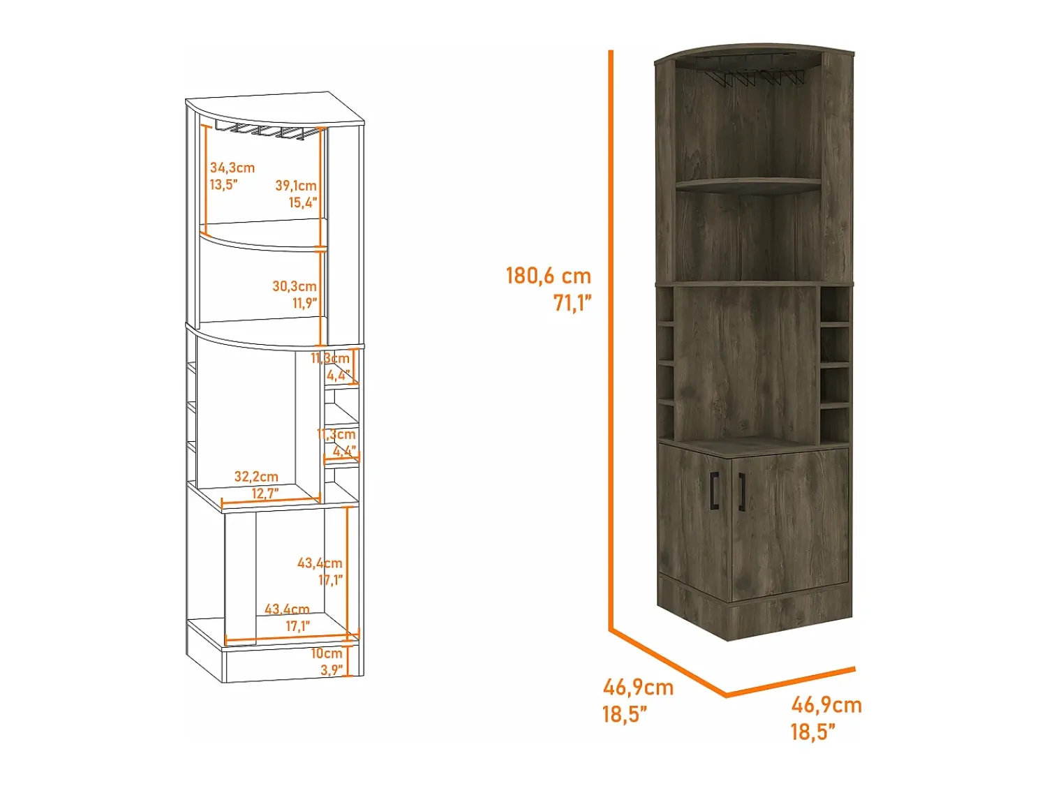 Vitrina|TuHome Armário bar em melamina Syrah com 4 prateleiras, 2 portas, 4 suportes para copos e 4 suportes para copos, , 180.6 cm X 46.9 cm X 46.9 cm Castanho