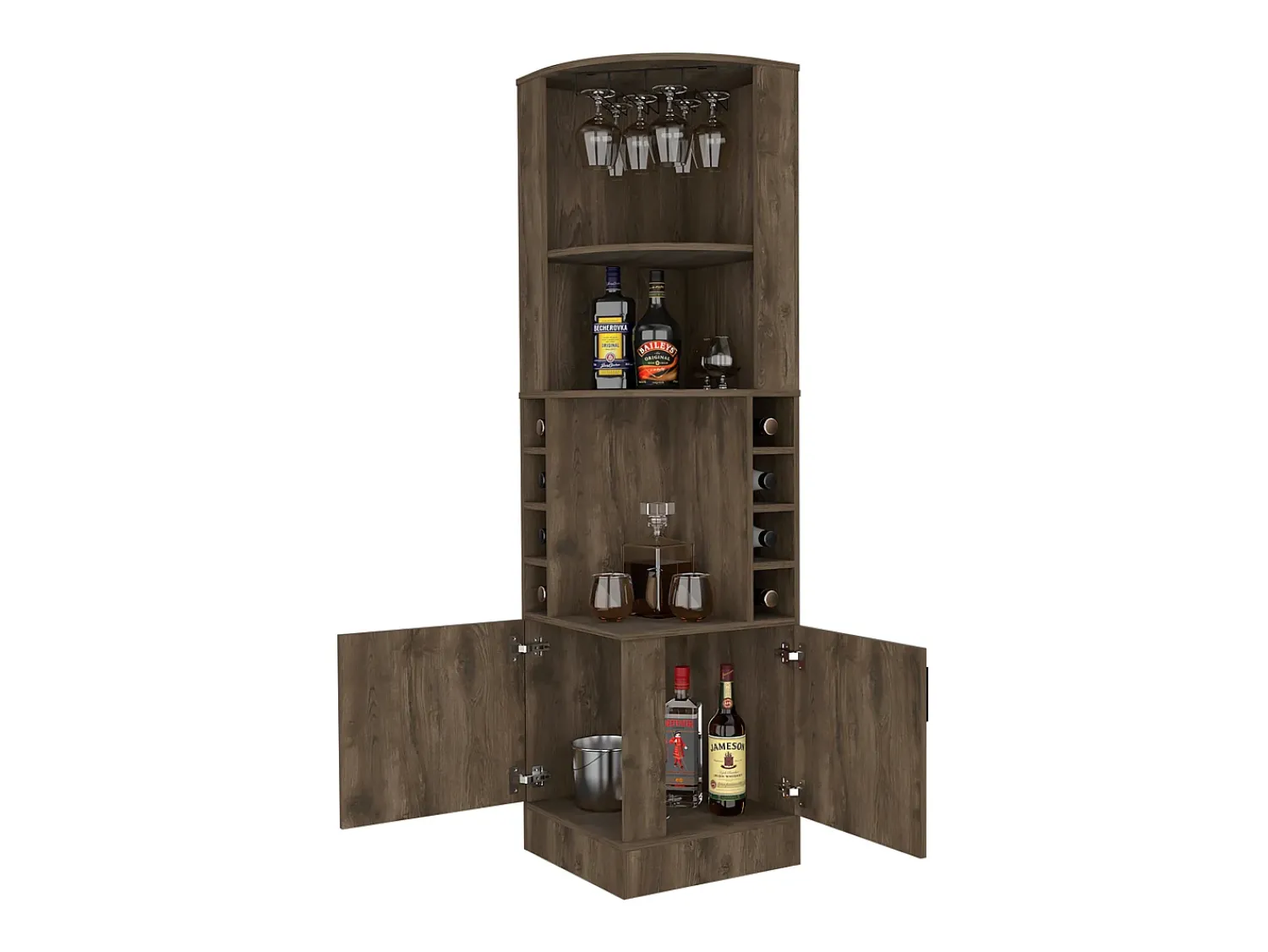 Vitrina|TuHome Armário bar em melamina Syrah com 4 prateleiras, 2 portas, 4 suportes para copos e 4 suportes para copos, , 180.6 cm X 46.9 cm X 46.9 cm Castanho