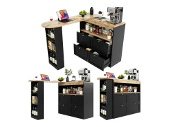 Merax Armário bar giratório - 4 gavetas, 3 prateleiras de arrumação e nicho - Tampo com efeito madeira MDF - 138 cm/105x39x102 cm -^ Móvel De Bar