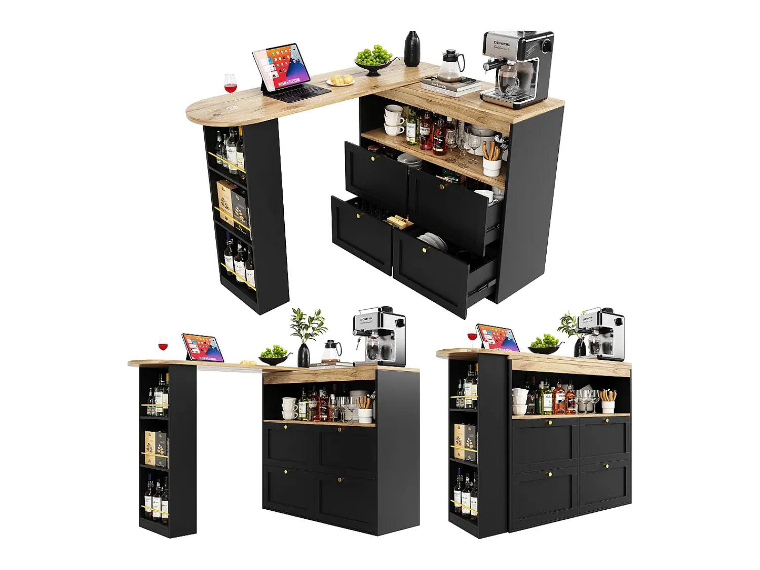 Merax Armário bar giratório - 4 gavetas, 3 prateleiras de arrumação e nicho - Tampo com efeito madeira MDF - 138 cm/105x39x102 cm -^ Móvel De Bar