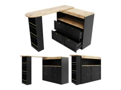 Merax Armário bar giratório - 4 gavetas, 3 prateleiras de arrumação e nicho - Tampo com efeito madeira MDF - 138 cm/105x39x102 cm -^ Móvel De Bar