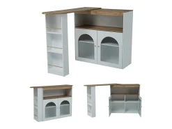 Móvel De Bar*Merax Armário bar giratório - 2 portas, 3 prateleiras de armazenamento e nicho - Tampo com efeito madeira MDF - LEDs - Natural e Branco