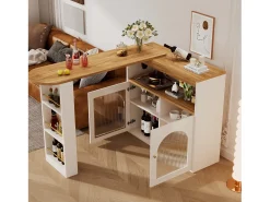 Móvel De Bar*Merax Armário bar giratório - 2 portas, 3 prateleiras de armazenamento e nicho - Tampo com efeito madeira MDF - LEDs - Natural e Branco