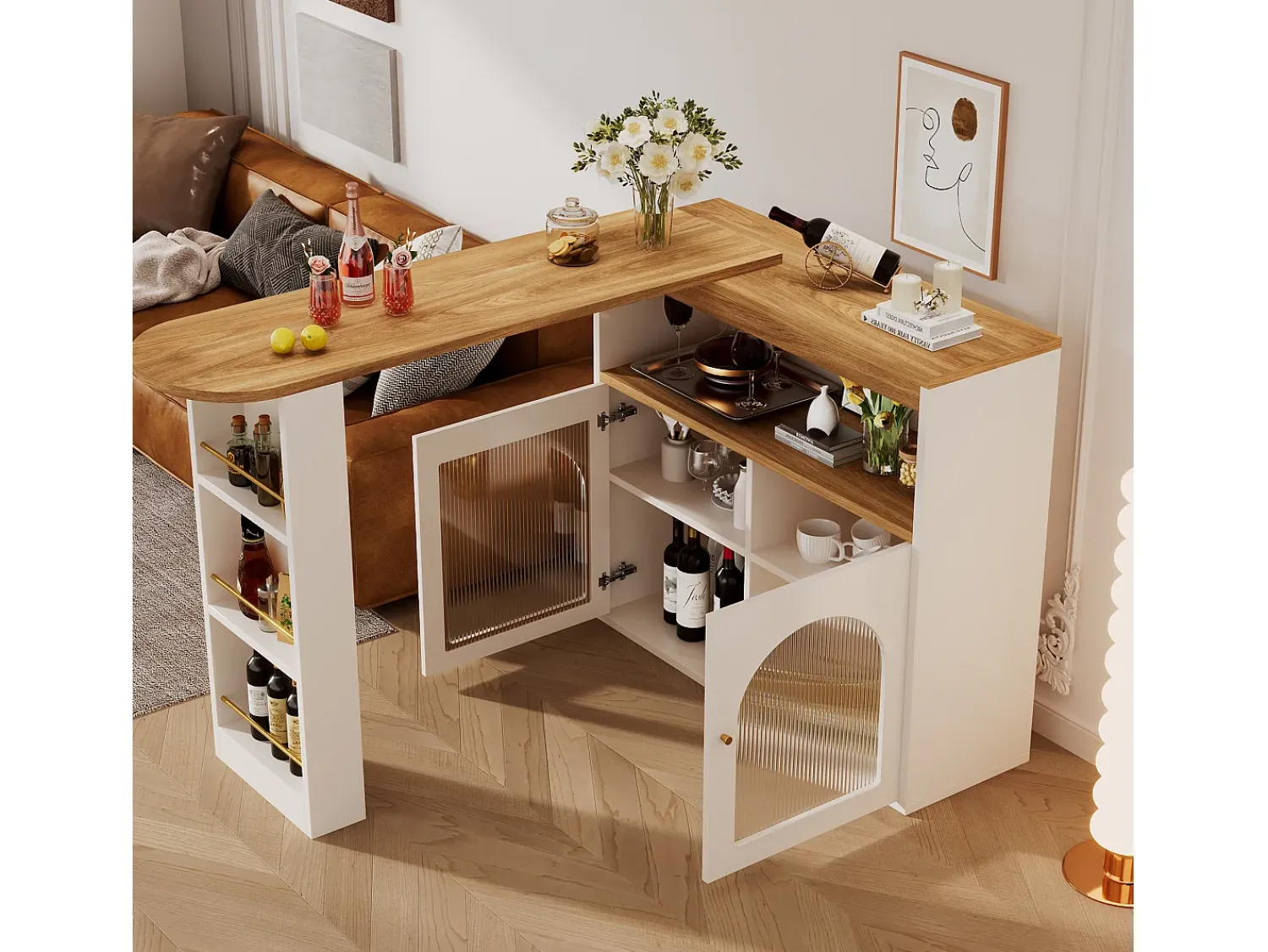 Móvel De Bar*Merax Armário bar giratório - 2 portas, 3 prateleiras de armazenamento e nicho - Tampo com efeito madeira MDF - LEDs - Natural e Branco