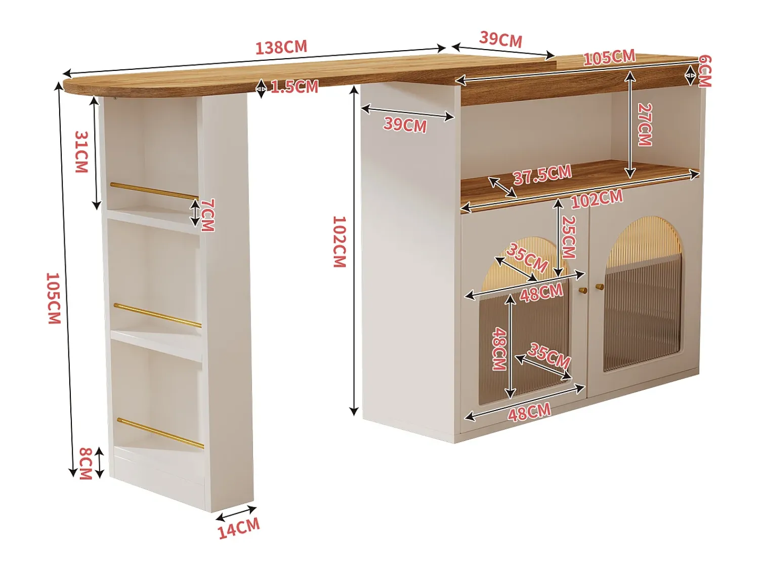 Móvel De Bar*Merax Armário bar giratório - 2 portas, 3 prateleiras de armazenamento e nicho - Tampo com efeito madeira MDF - LEDs - Natural e Branco