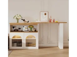 Móvel De Bar*Merax Armário bar giratório - 2 portas, 3 prateleiras de armazenamento e nicho - Tampo com efeito madeira MDF - LEDs - Natural e Branco