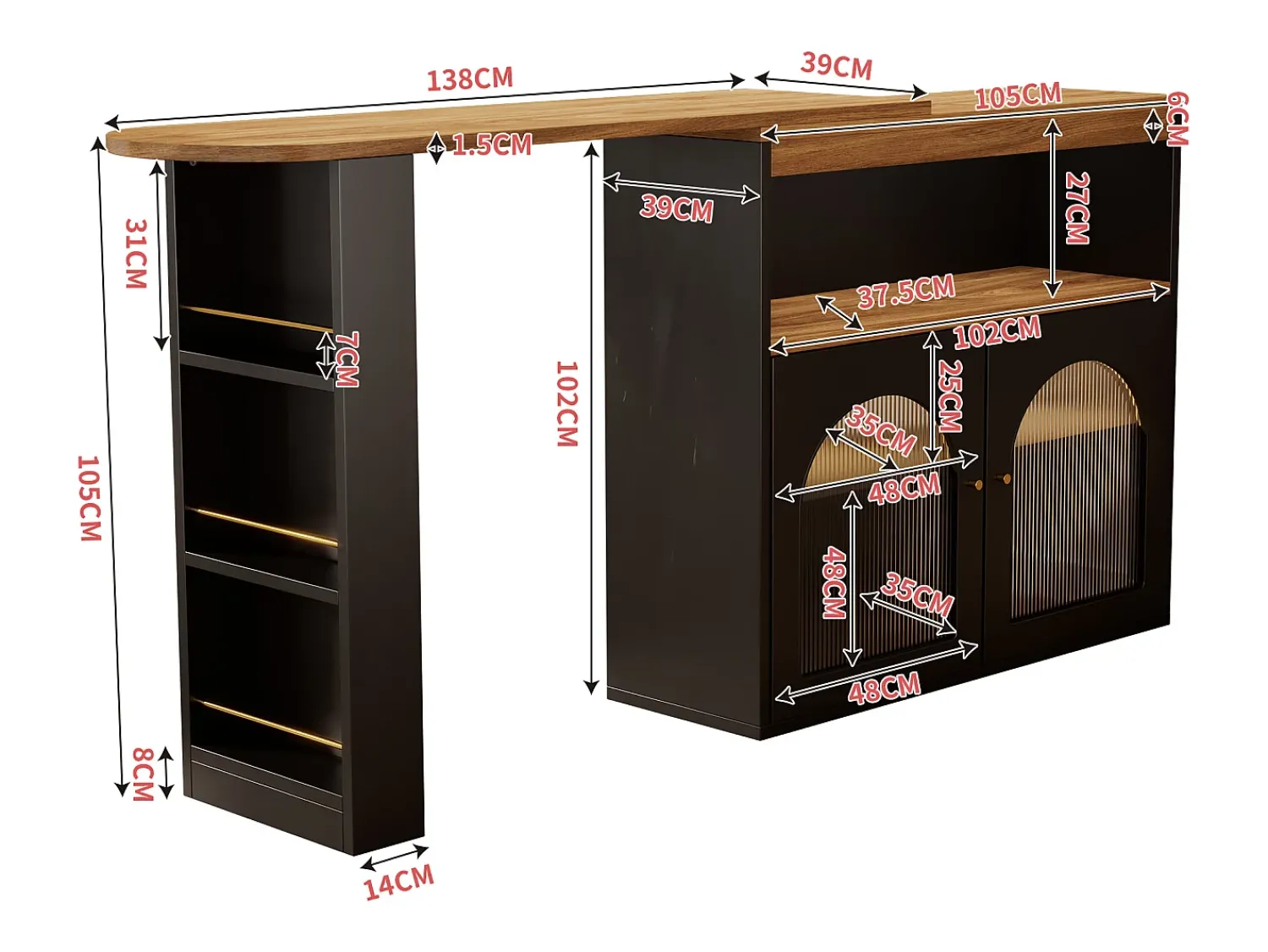 Merax Armário bar giratório - 2 portas, 3 prateleiras de armazenamento e nicho - Tampo com efeito madeira MDF - LEDs - Natural e^ Móvel De Bar