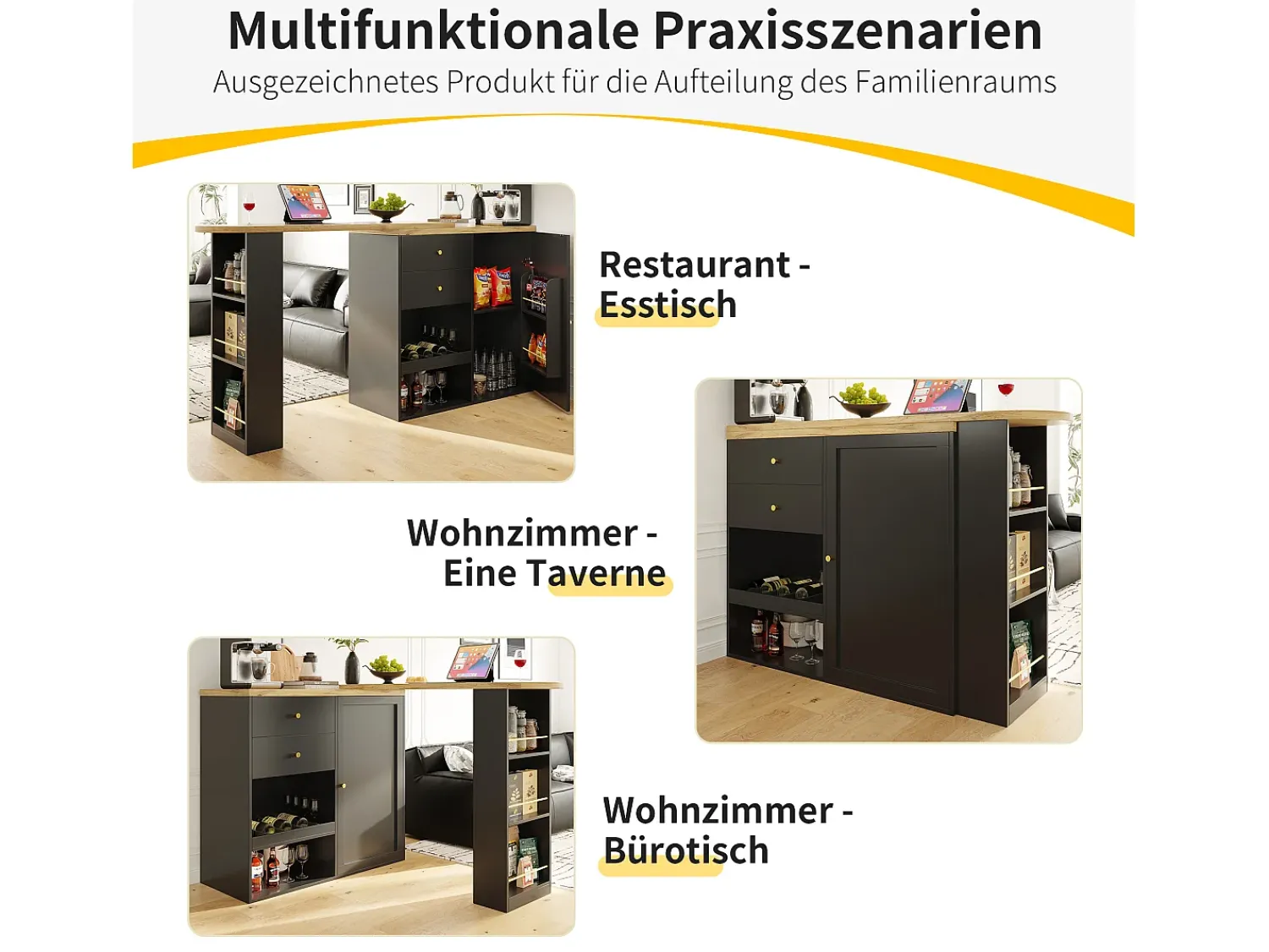Merax Armário bar giratório - uma porta, 2 gavetas, 3 prateleiras e 2 nichos - Tampo com efeito madeira MDF - 138 cm/105x39x102 cm -^ Móvel De Bar