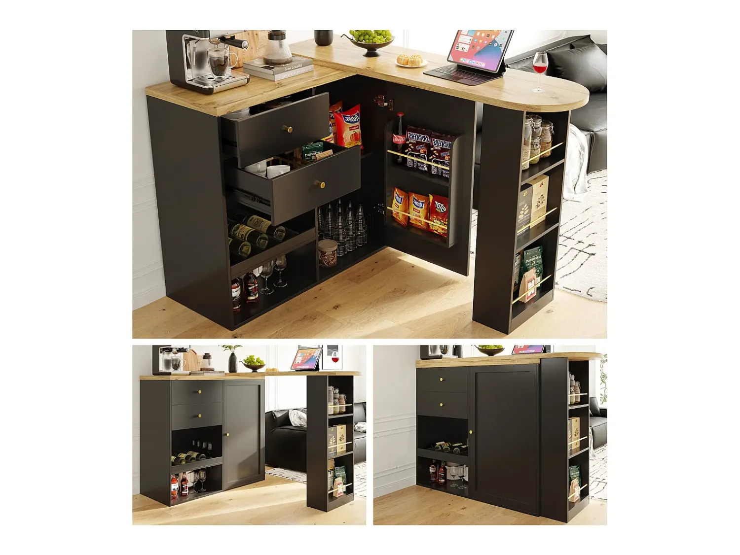 Merax Armário bar giratório - uma porta, 2 gavetas, 3 prateleiras e 2 nichos - Tampo com efeito madeira MDF - 138 cm/105x39x102 cm -^ Móvel De Bar
